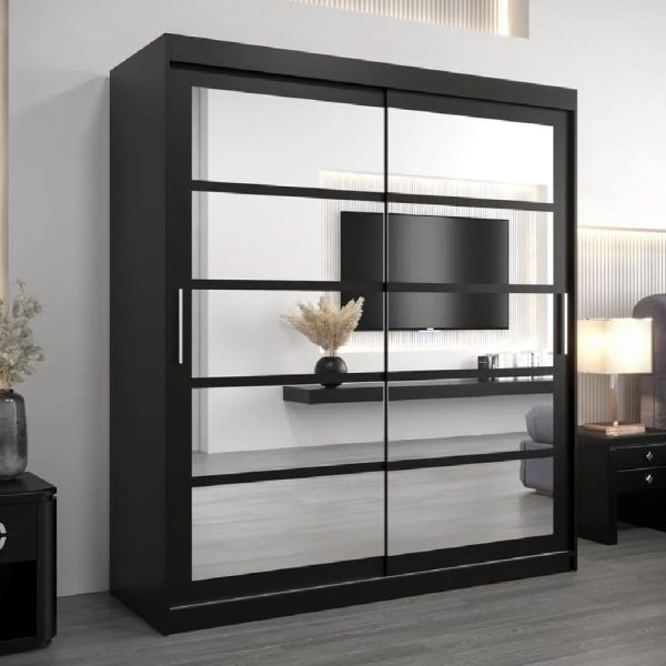 Reston Mirrored Wardrobe With 2 Sliding Doors In Black | Bed Sava