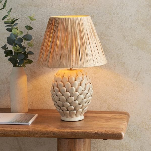 Reston Natural Fabric 30cm Shade Ceramic Table Lamp In Ivory | Bed Sava