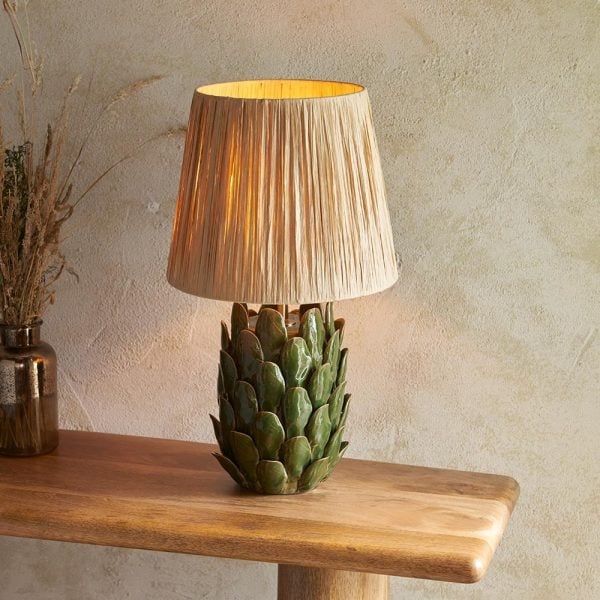 Reston Natural Fabric 32cm Shade Ceramic Table Lamp In Olive | Bed Sava