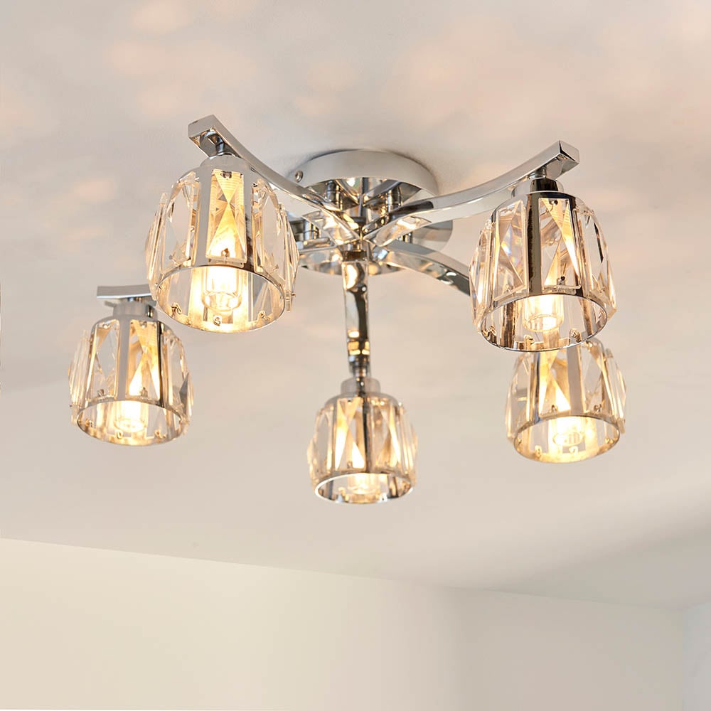 Ria Glass Crystals Bathroom Semi Flush Light In Chrome