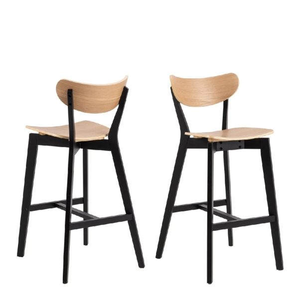 Riga Oak And Black Wooden Bar Stools In Pair | Bed Sava