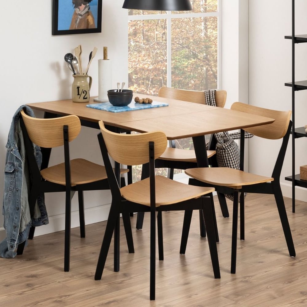 Riga Wooden Drop Lift Dining Table With 4 Chairs In Black And Oak