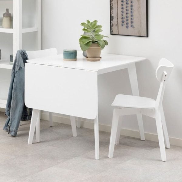 Riga Wooden Drop Lift Dining Table With 2 Chairs In White | Bed Sava