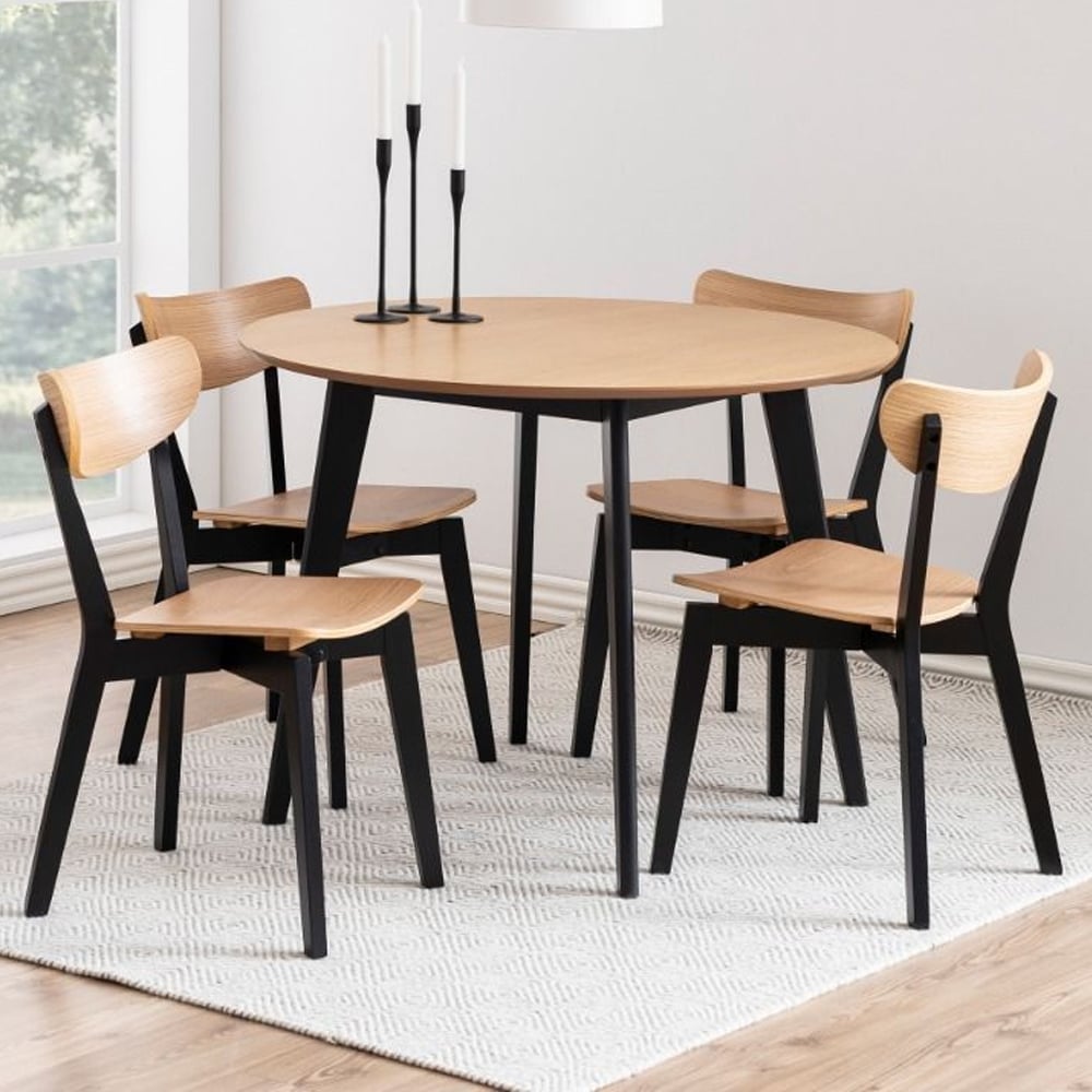 Riga Wooden Round Dining Table With 4 Chairs In Black And Oak