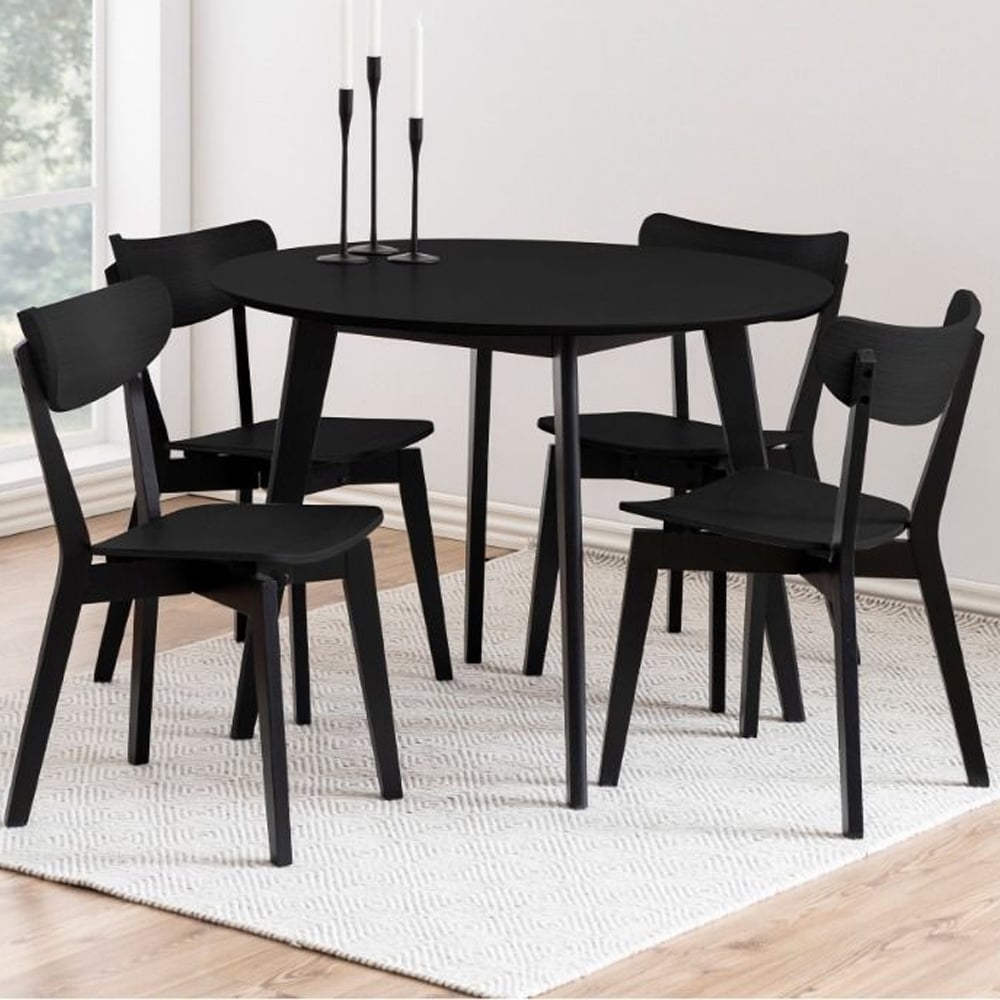 Riga Wooden Round Dining Table With 4 Chairs In Black