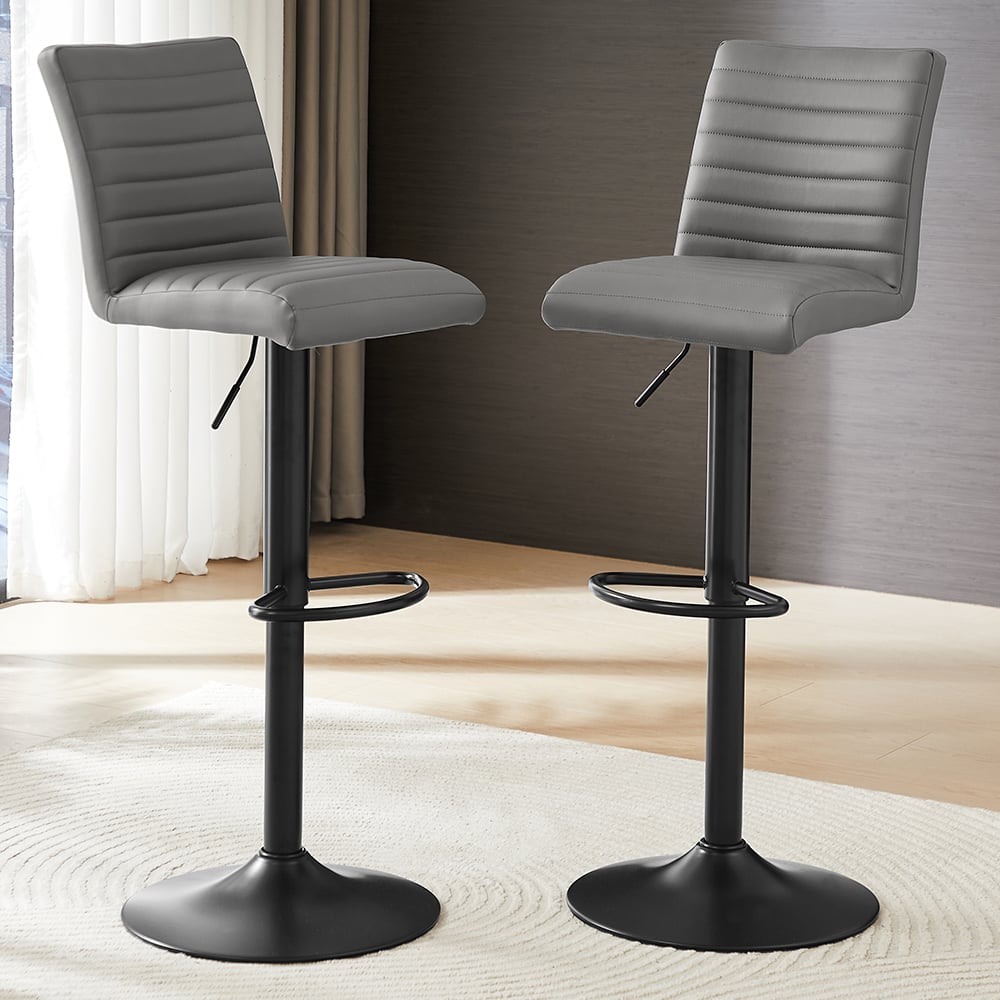 Ripple Grey Faux Leather Bar Stools With Black Base In Pair