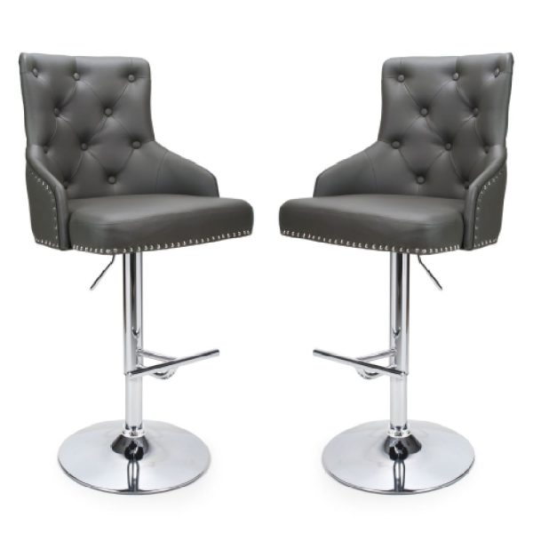 Rivne Graphite Grey Leather Bar Stools With Chrome Base In Pair | Bed Sava