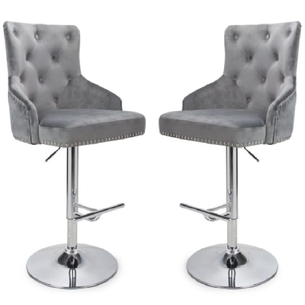 Rivne Grey Velvet Bar Stools With Chrome Base In Pair | Bed Sava