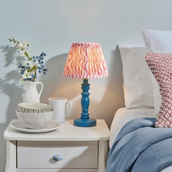 Riyadh Coral Pink 20cm Shade Wood Table Lamp In Marlin Blue | Bed Sava