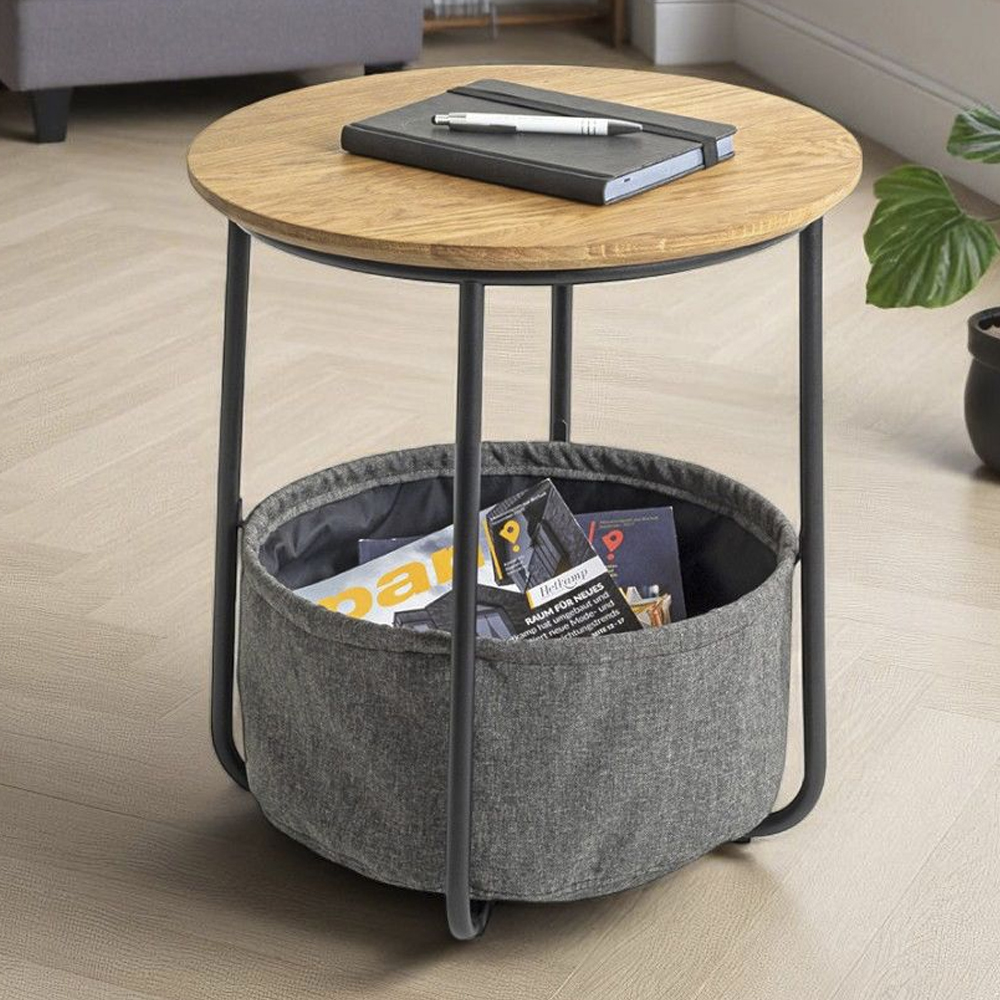 Roanoke Wooden End Table With Black Metal Frame In Grey And Oak