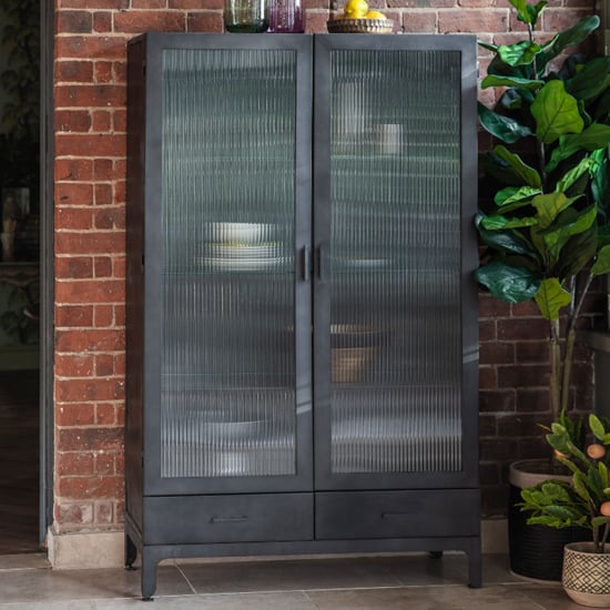 Rolla Metal Display Cabinet With 2 Doors 2 Drawers In Dark Grey
