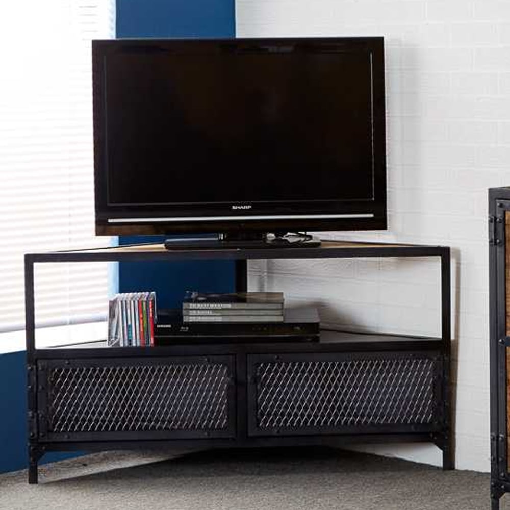 Romarin Corner TV Stand In Reclaimed Wood And Metal Frame
