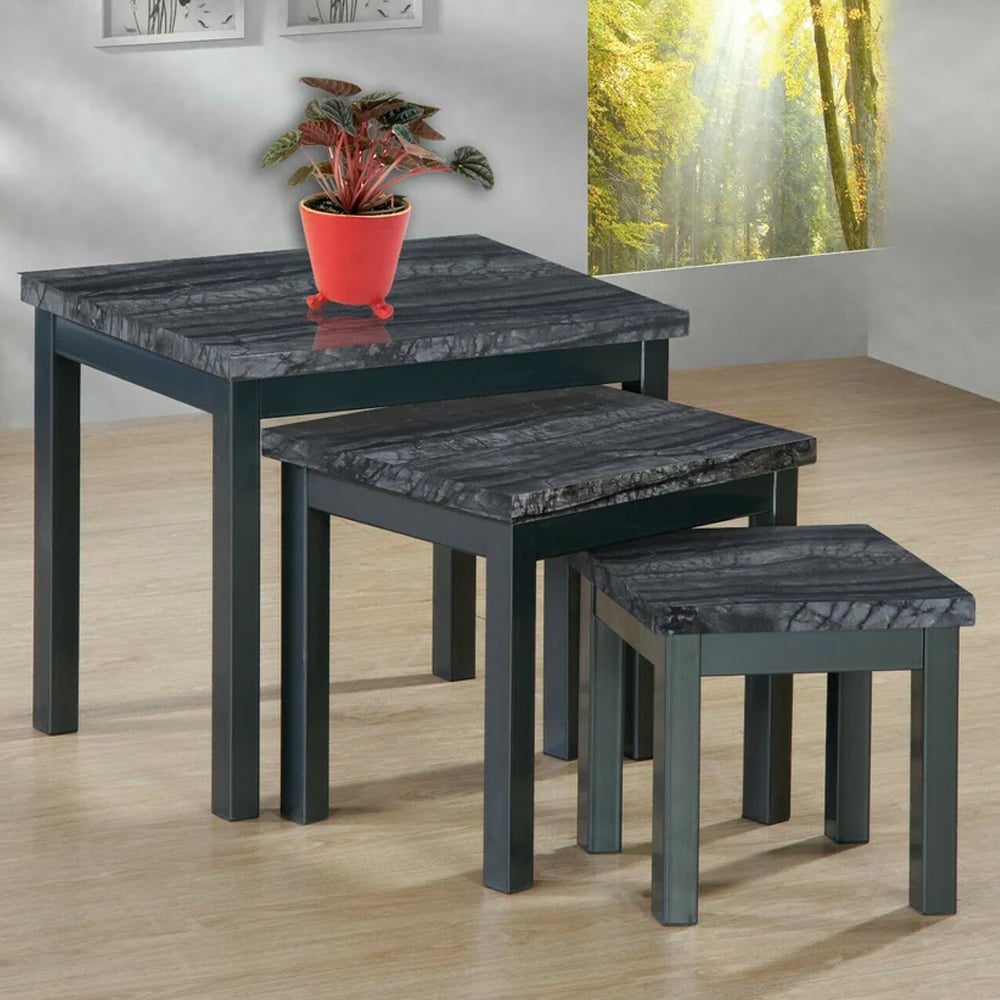 Rome High Gloss Nest Of 3 Tables In Charcoal Black Marble Effect