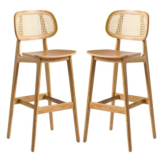 Romney Natural Rattan Natural Oak Wooden Bar Stools In Pair