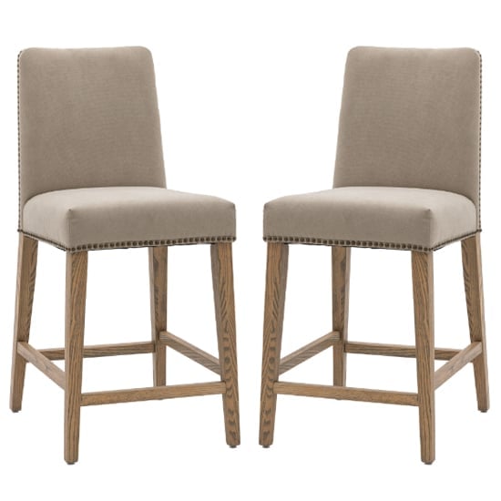 Roselle Cement Grey Fabric Bar Chairs With Oak Legs In Pair