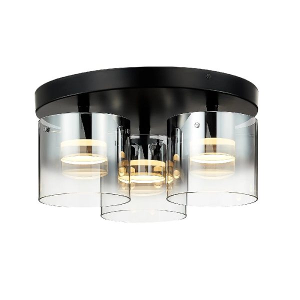 Roundhay 3 Light Smoked Glass Shade Flush Light In Black | Bed Sava