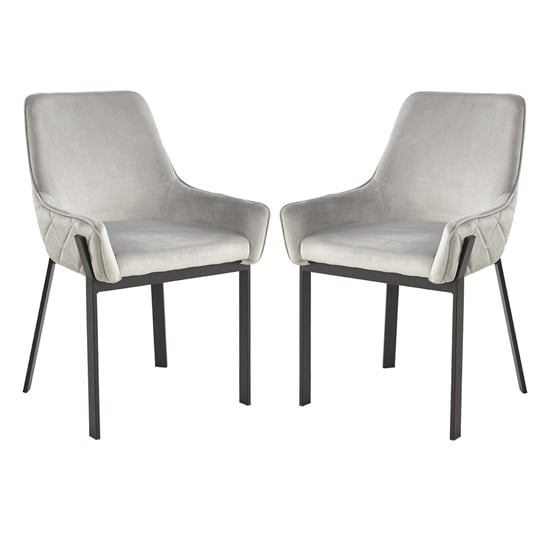 Riva Grey Velvet Dining Chairs With Matt Black Legs In Pair