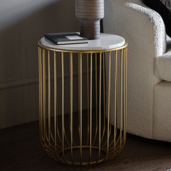 Rugby Marble Top Side Table In White With Gold Metal Frame