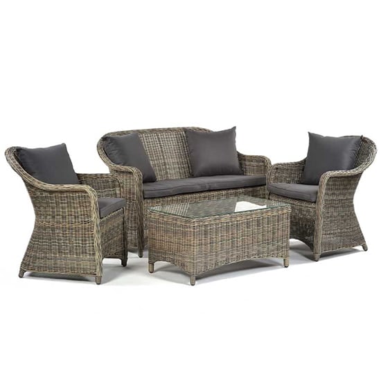 Ryker Rattan Lounge Sofa Set With Glass Coffee Table In Brown Grey