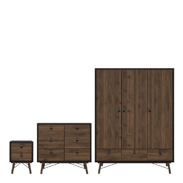 Rynok Wooden Furniture Set With 3 Doors Wardrobe In Black Walnut | Bed Sava