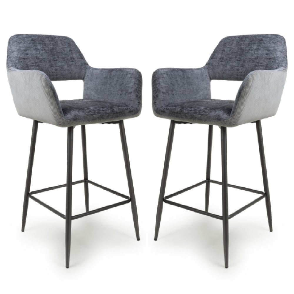 Safford Blue And Grey Fabric Bar Chairs With Black Legs In Pair