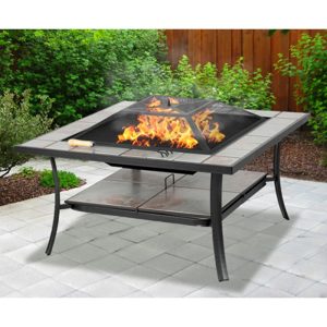 Saginaw Fax Stone Burinng Fire Pit With Grilling In Grey Red | Bed Sava