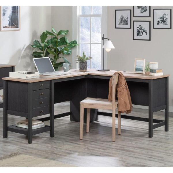 Saginaw Wooden L Shaped Laptop Desk In Raven And Lintel Oak | Bed Sava