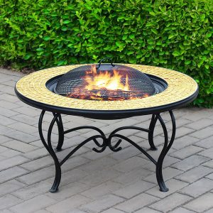 Sahuarita Fax Stone Burning Fire Pit With Grilling In Gold Black | Bed Sava