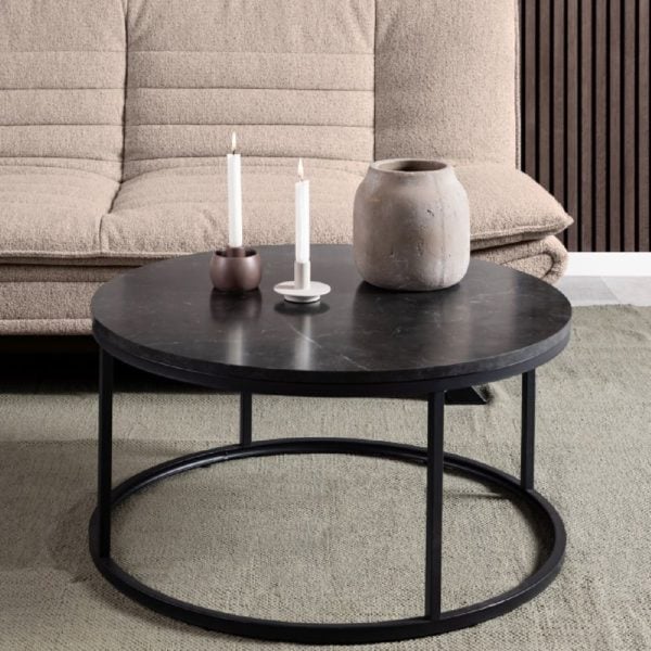 Salem Wooden Coffee Table Round In Black Marble Effect | Bed Sava
