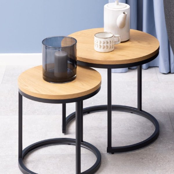 Salem Wooden Nest Of 2 Tables With Black Metal Frame In Oak | Bed Sava