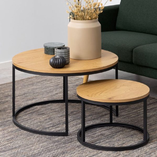 Salem Wooden Nesting Coffee Tables With Black Metal Frame In Oak | Bed Sava
