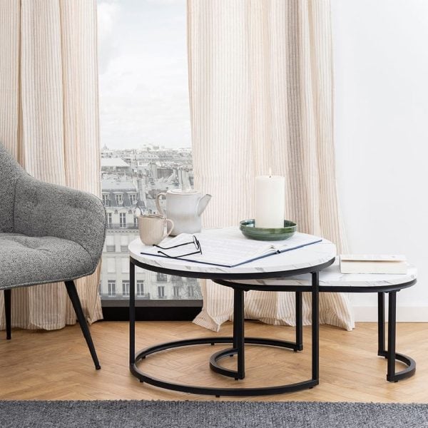 Salem Wooden Nesting Coffee Tables In White Marble Effect | Bed Sava