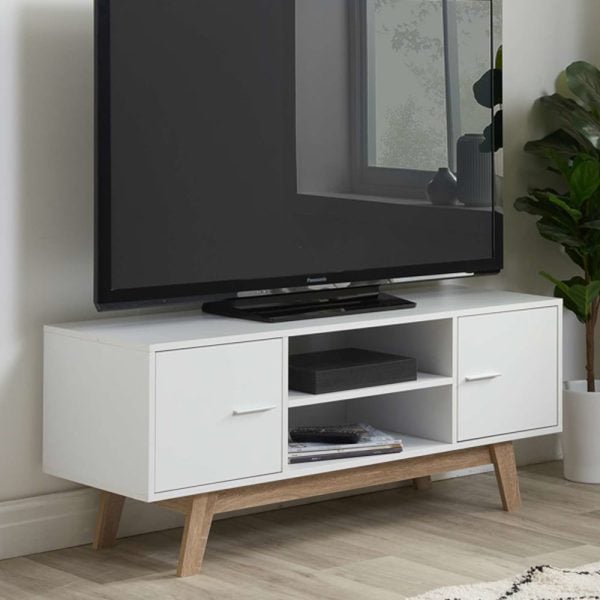 Salina Wooden TV Stand With 2 Gloss Doors In White | Bed Sava