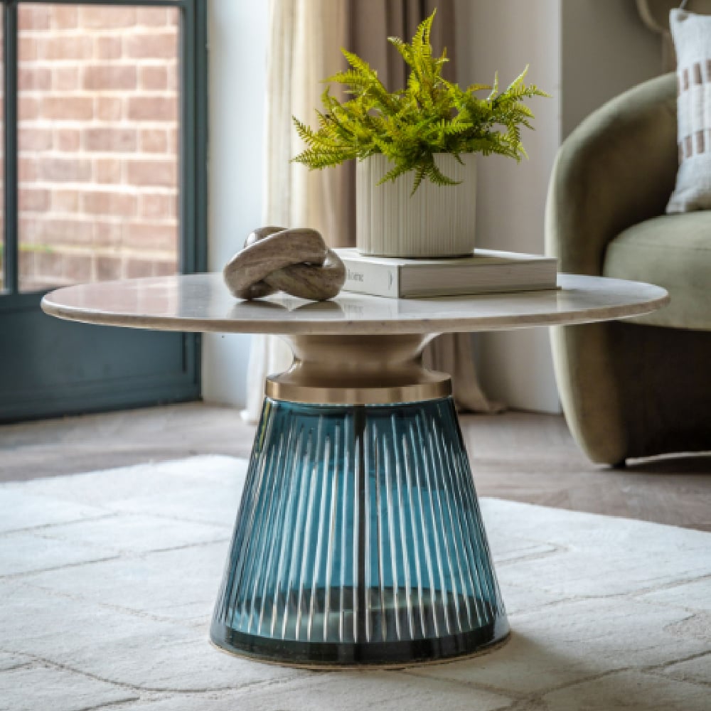 Salinas White Marble Top Coffee Table With Blue Glass Base