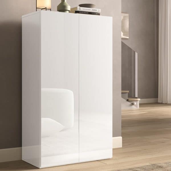 Salta High Gloss Shoe Storage Cabinet With 2 Doors In White | Bed Sava