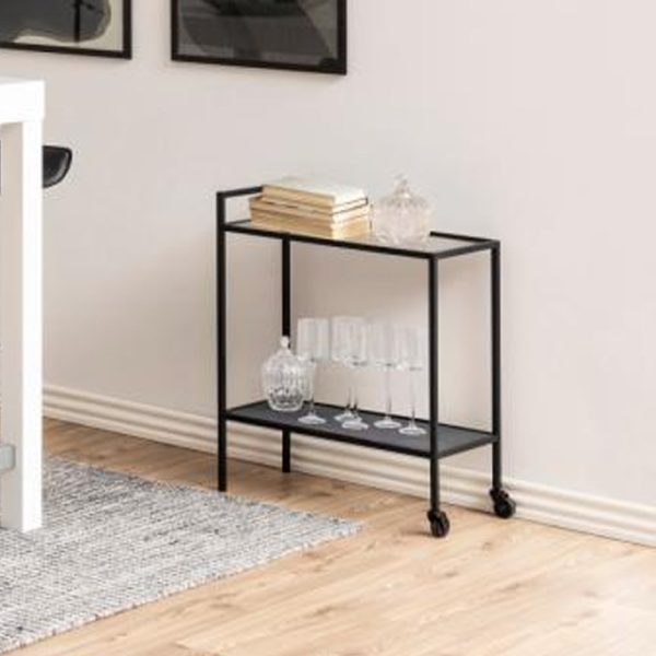 Salvo Clear Glass Drinks Trolley With Matt Black Metal Frame | Bed Sava
