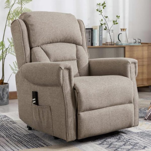 Salvo Fabric Electric Lift And Tilt Recliner Chair In Taupe | Bed Sava