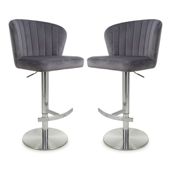 Solvo Grey Velvet Bar Stools With Chrome Base In Pair
