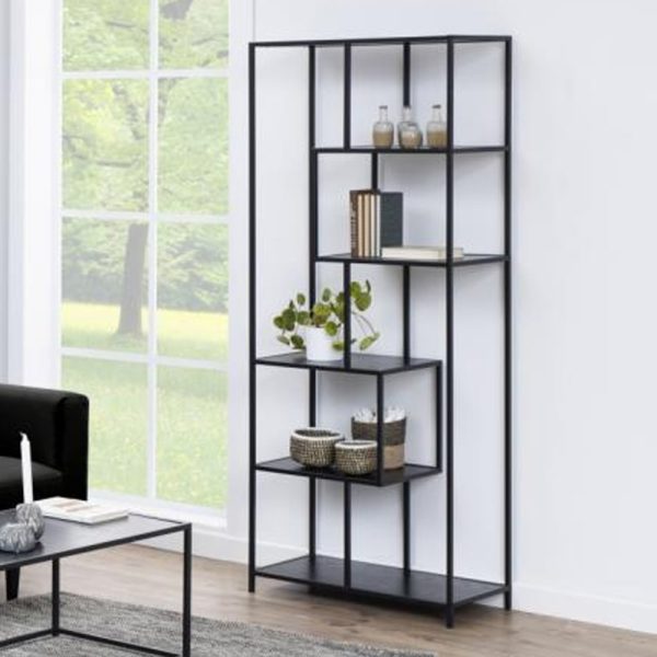 Salvo Narrow Wooden Bookcase With 5 Shelves In Ash Black | Bed Sava