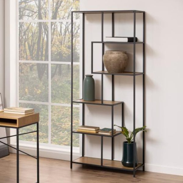 Salvo Narrow Wooden Bookcase With 5 Shelves In Matt Wild Oak | Bed Sava