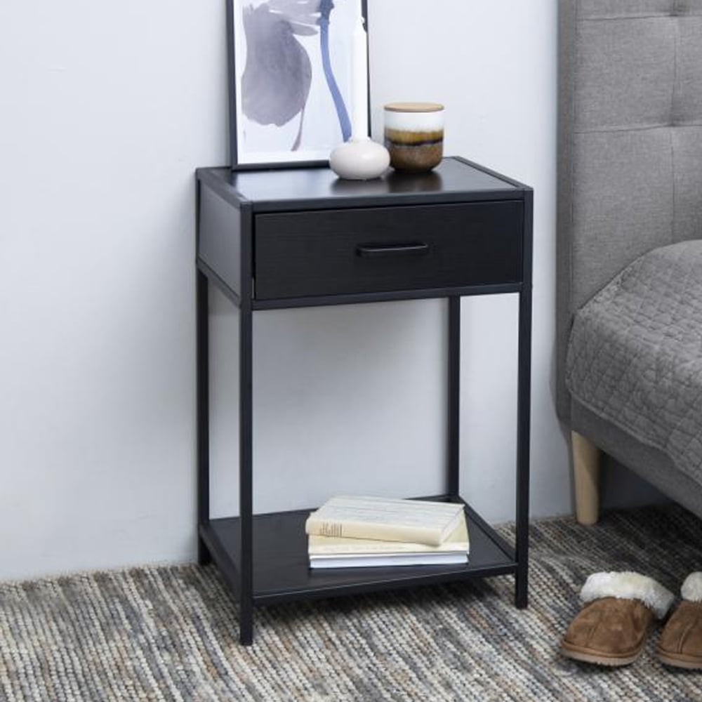 Salvo Wooden Bedside Cabinet With 1 Drawer In Ash Black
