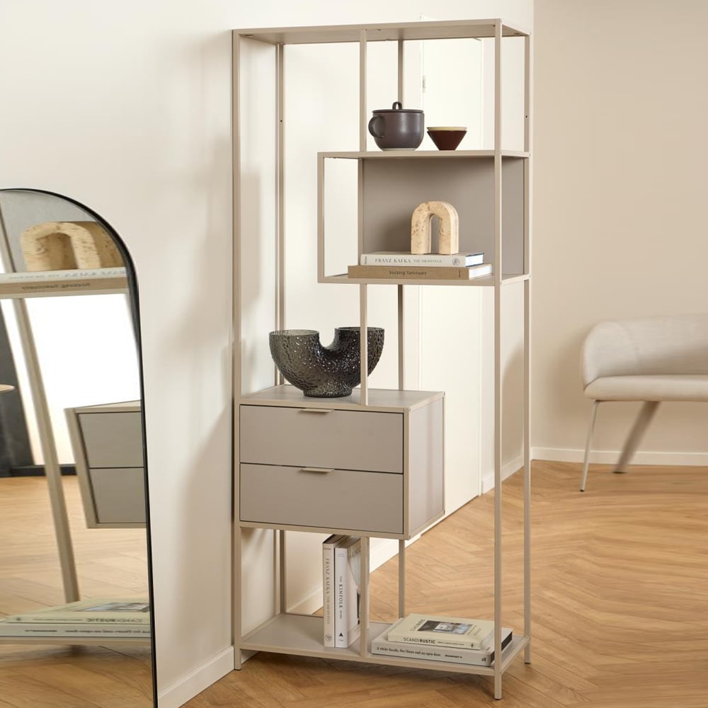 Salvo Wooden Bookcase With 2 Drawers 4 Shelves In Grey