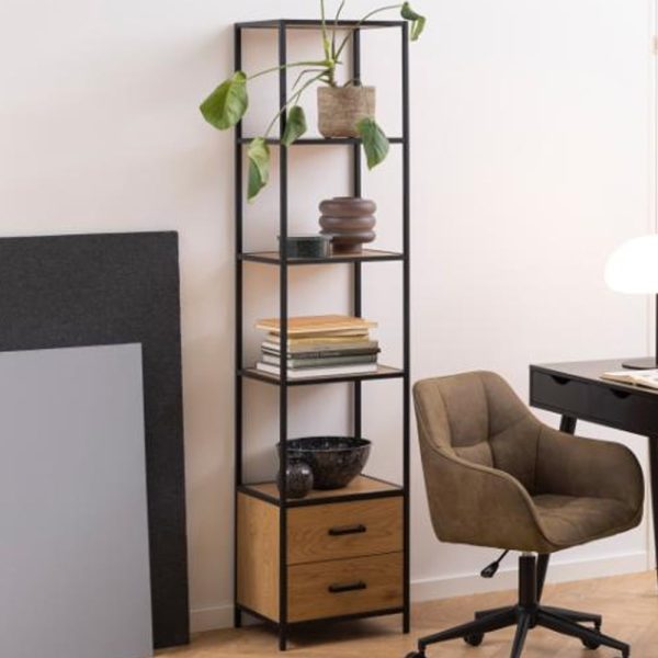 Salvo Wooden Bookcase With 2 Drawers In Matt Wild Oak | Bed Sava