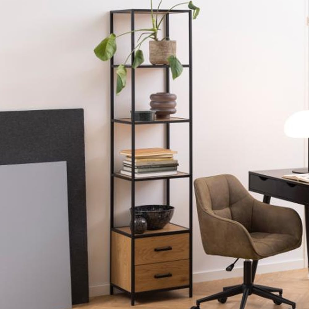 Salvo Wooden Bookcase With 2 Drawers In Matt Wild Oak