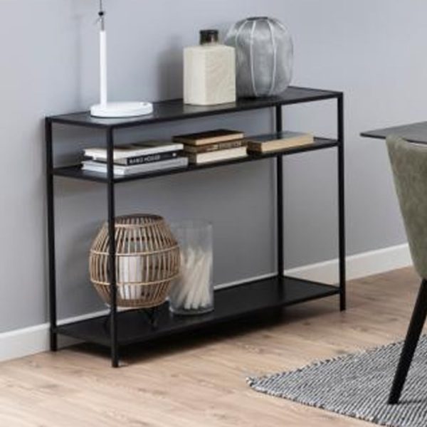 Salvo Wooden Console Table With 2 Shelves In Ash Black | Bed Sava