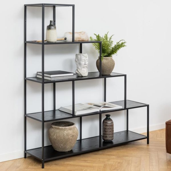 Salvo Wooden Ladder Bookcase With 4 Shelves In Ash Black | Bed Sava