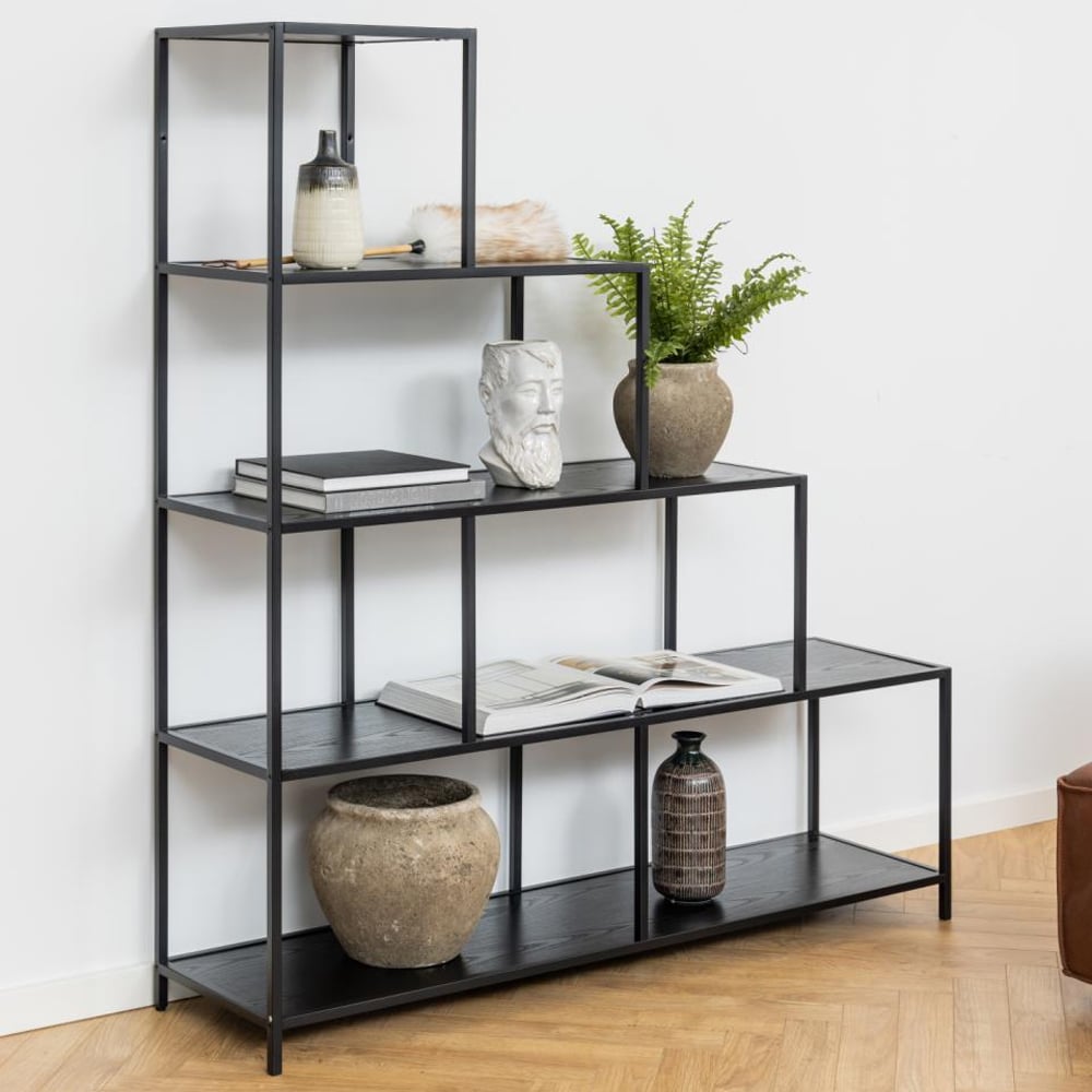 Salvo Wooden Ladder Bookcase With 4 Shelves In Ash Black