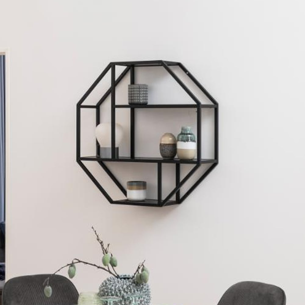 Salvo Wooden Octagonal Wall Shelf With 4 Shelves In Ash Black