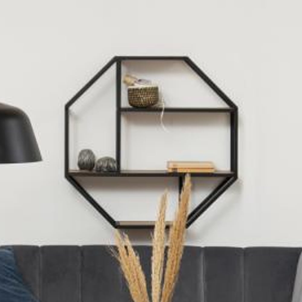Salvo Wooden Octagonal Wall Shelf With 3 Shelves In Matt Wild Oak