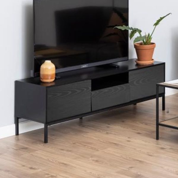 Salvo Wooden TV Stand With 2 Doors 1 Drawer In Ash Black | Bed Sava